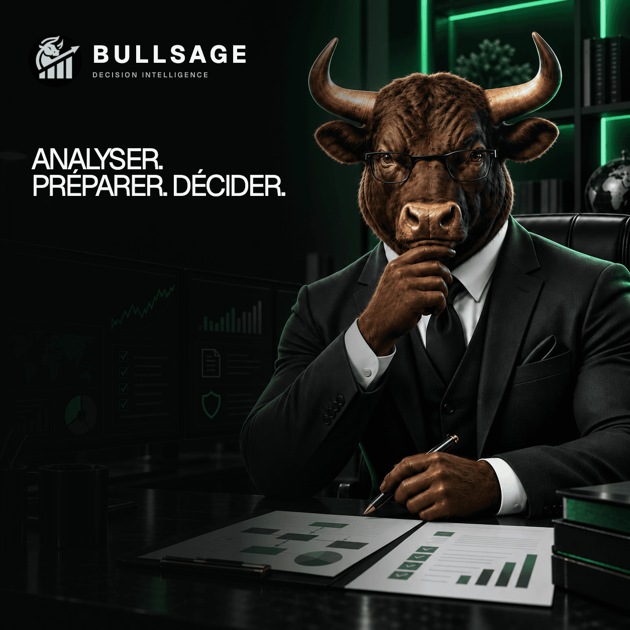 Flyer BULLSAGE Coach avec le taureau analysant un plan de décision et de risque