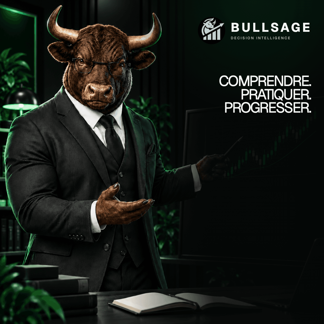 Flyer BULLSAGE Academy avec la mascotte taureau expliquant un graphique pédagogique