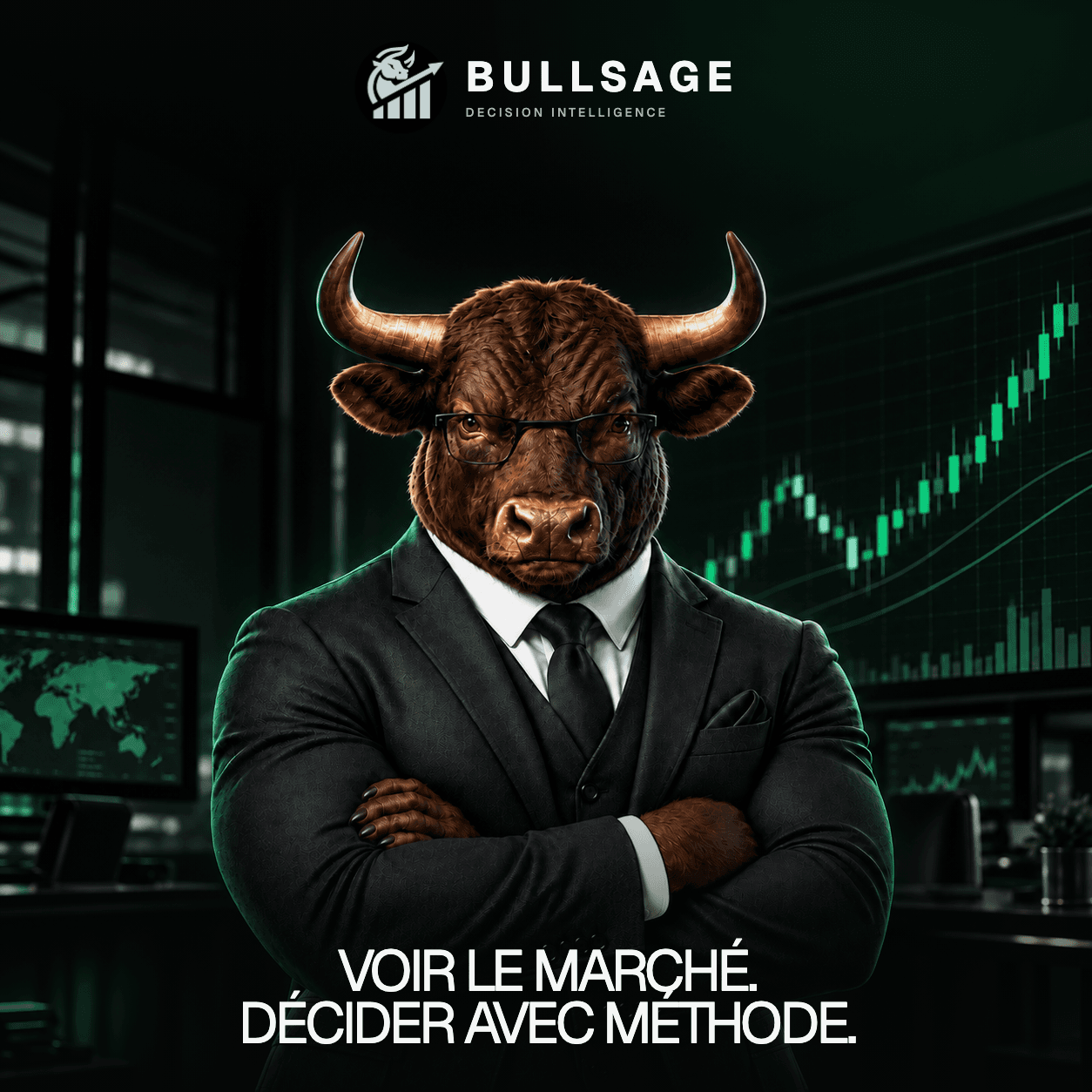 Flyer BULLSAGE Trader avec la mascotte taureau : voir le marché et décider avec méthode