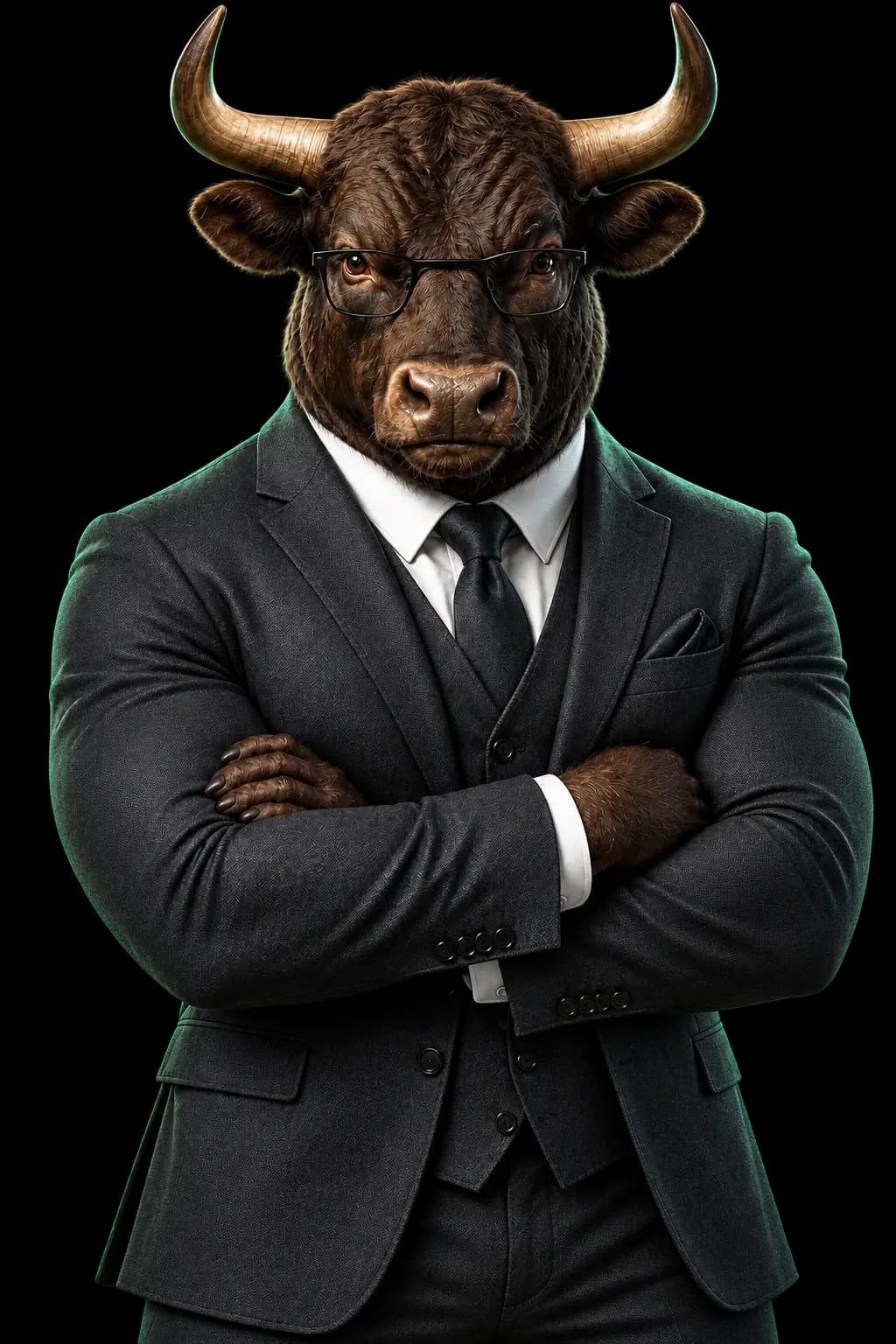 Mascotte officielle BULLSAGE, un taureau en costume noir et lunettes