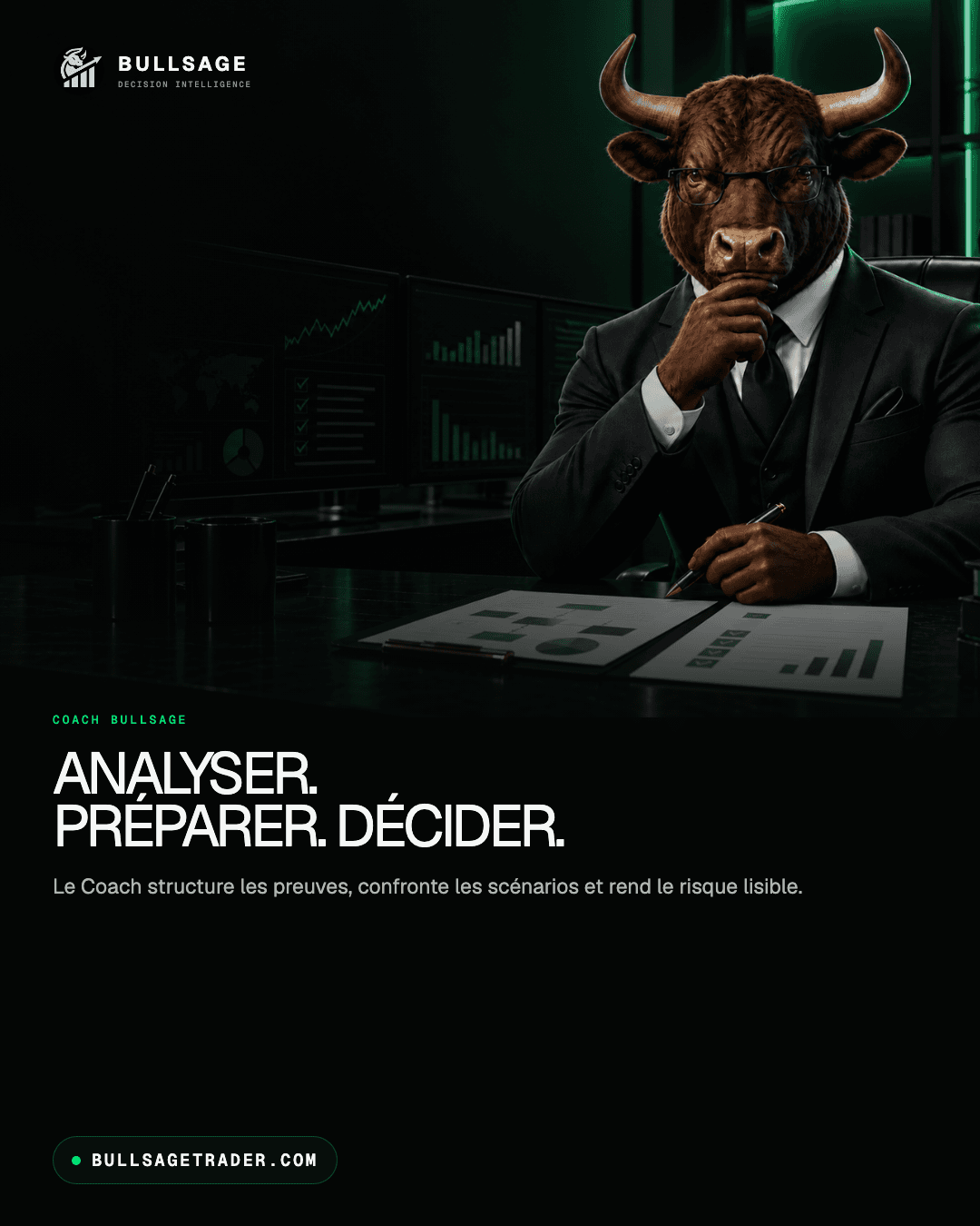 Publication BULLSAGE Coach avec la mascotte taureau et le slogan Analyser, préparer, décider