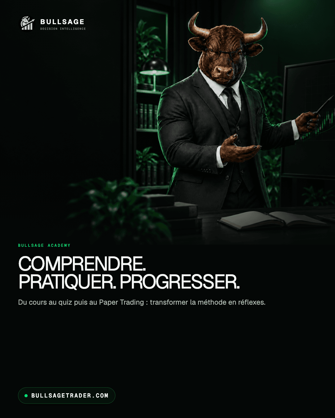 Publication BULLSAGE Academy avec la mascotte taureau et le slogan Comprendre, pratiquer, progresser