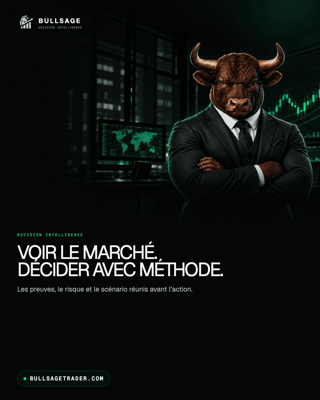 Publication BULLSAGE avec la mascotte taureau et le slogan Voir le marché, décider avec méthode