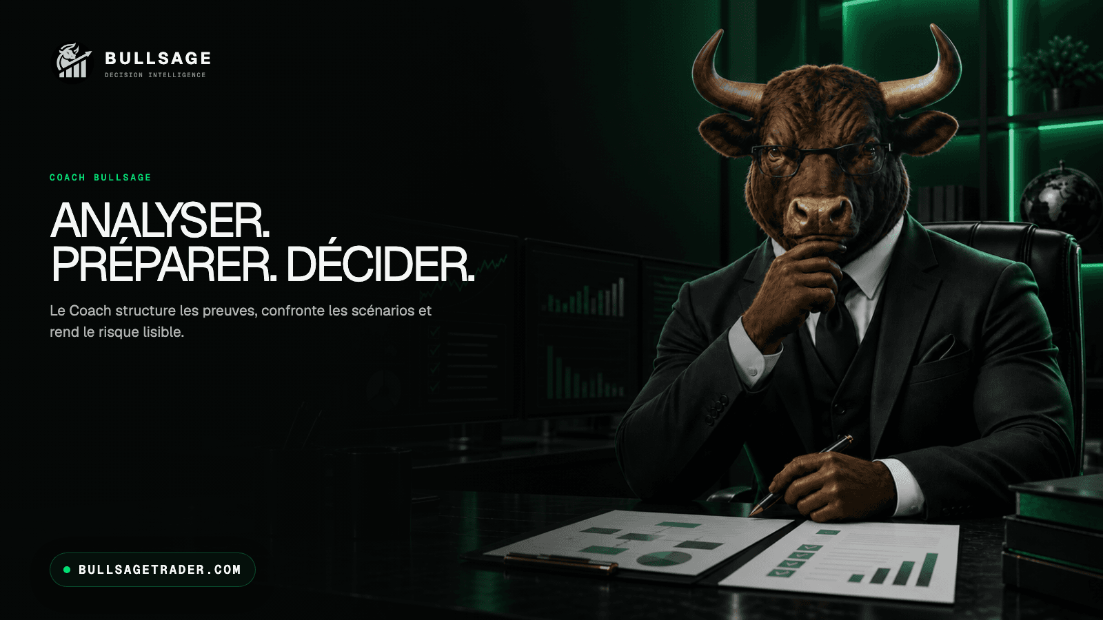 Bannière web BULLSAGE Coach avec la mascotte taureau et le slogan Analyser, préparer, décider