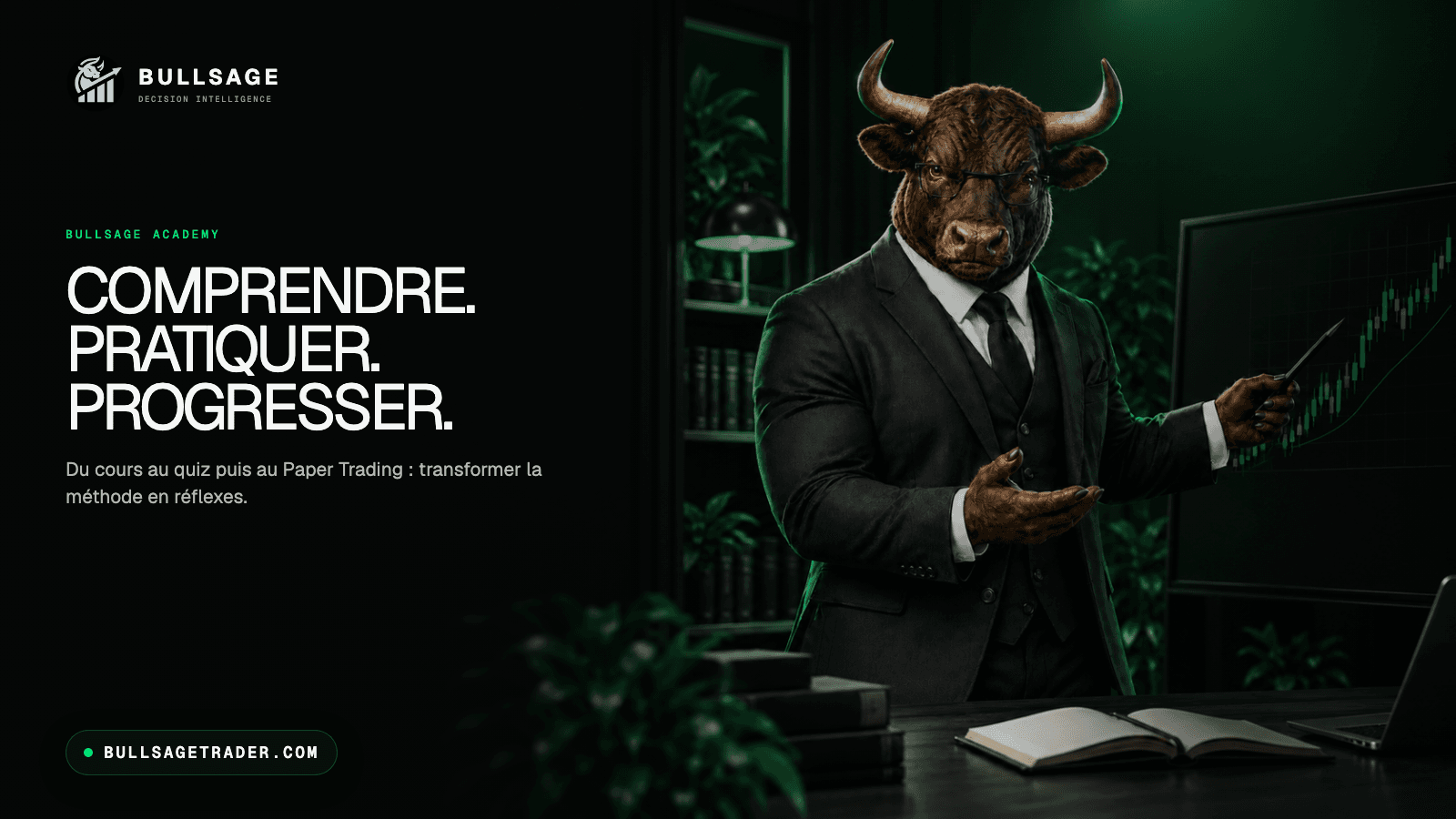 Bannière web BULLSAGE Academy avec la mascotte taureau et le slogan Comprendre, pratiquer, progresser