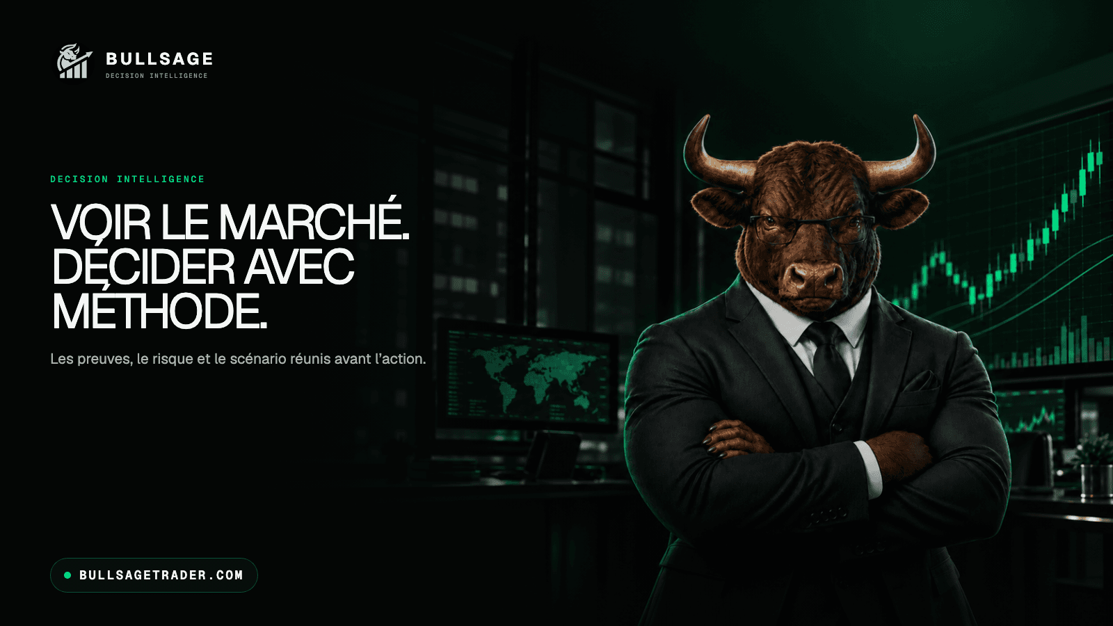 Bannière web BULLSAGE avec la mascotte taureau et le slogan Voir le marché, décider avec méthode