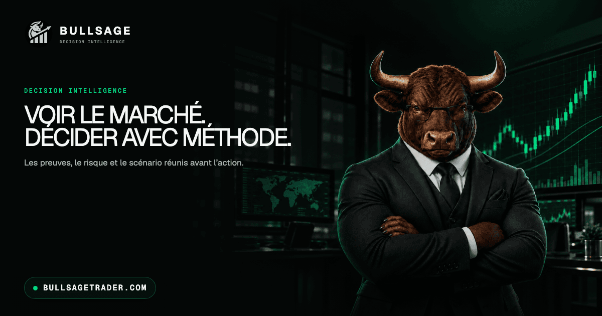 Publication Facebook BULLSAGE avec la mascotte taureau : Voir le marché. Décider avec méthode.