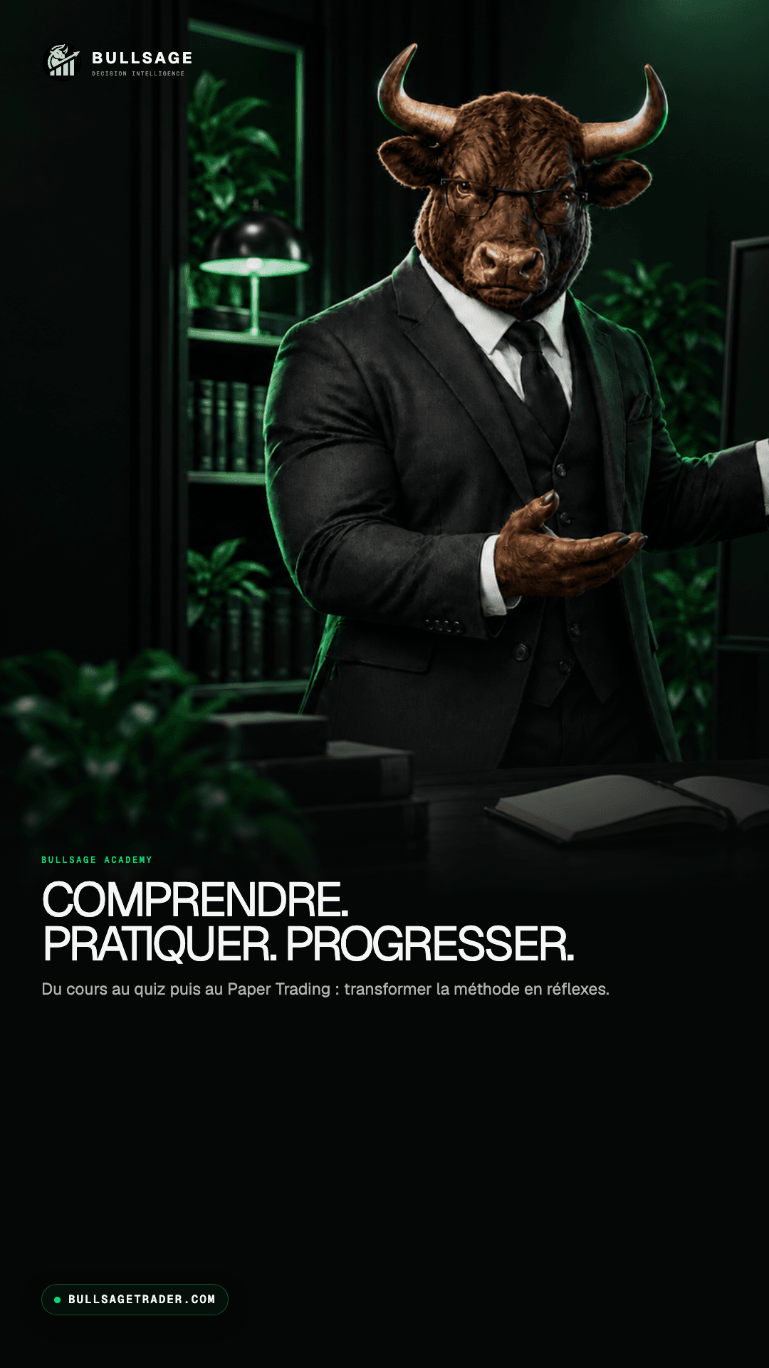 Couverture verticale TikTok et Reels BULLSAGE avec la mascotte taureau : Comprendre. Pratiquer. Progresser.