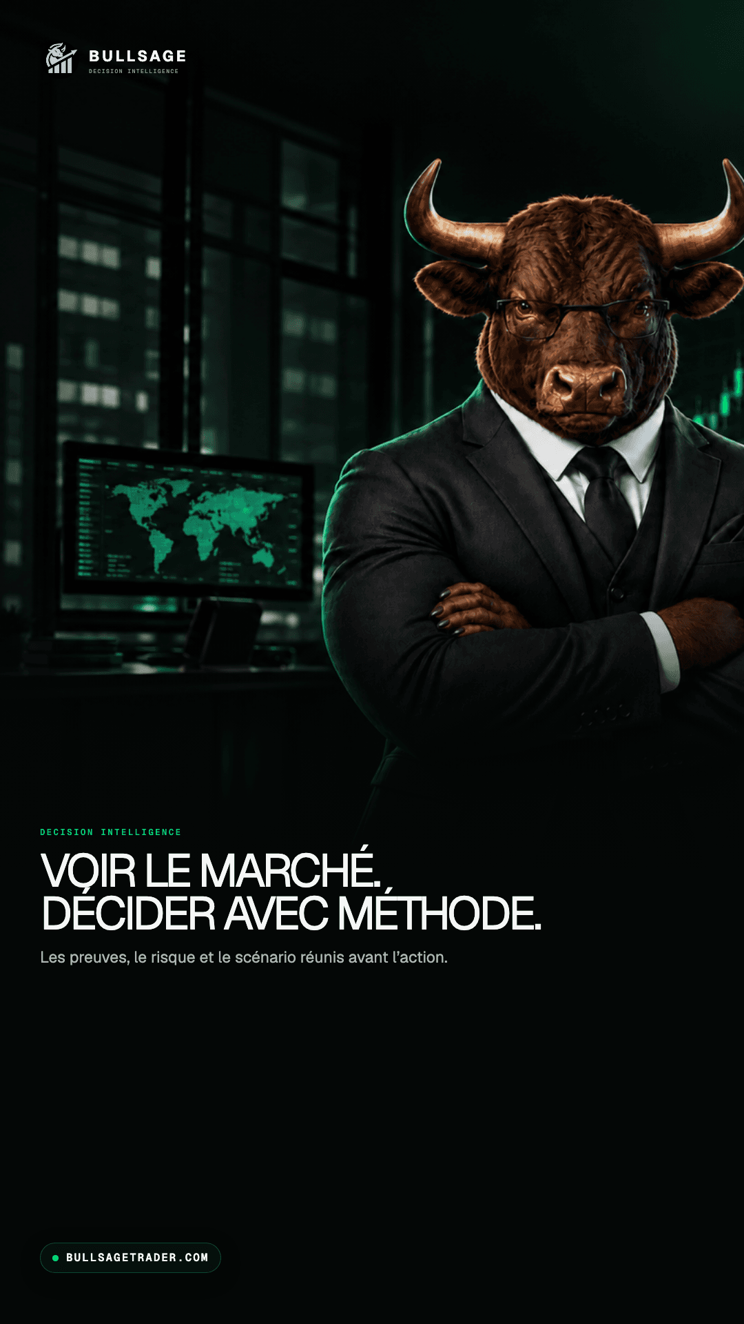Couverture verticale TikTok et Reels BULLSAGE avec la mascotte taureau : Voir le marché. Décider avec méthode.