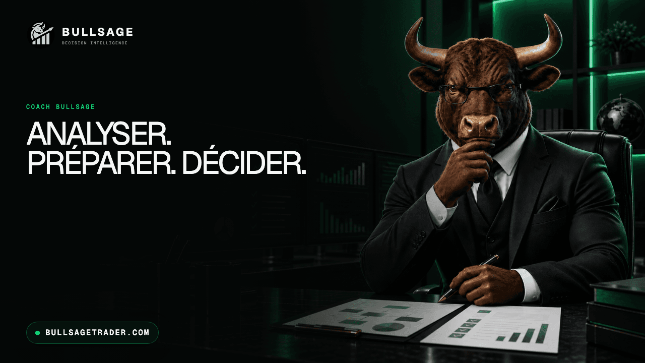 Miniature vidéo YouTube BULLSAGE avec la mascotte taureau : Analyser. Préparer. Décider.