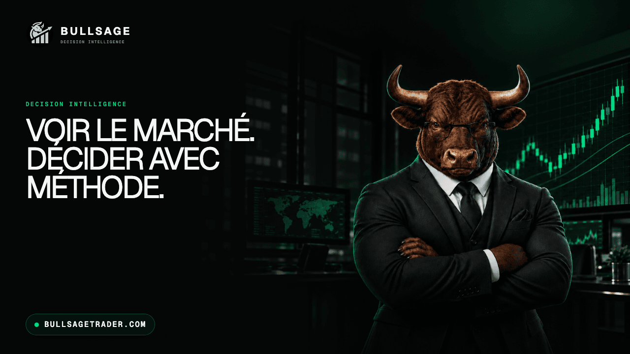 Miniature vidéo YouTube BULLSAGE avec la mascotte taureau : Voir le marché. Décider avec méthode.