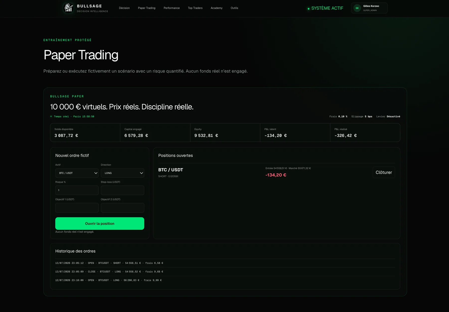 Capture réelle du Paper Trading BULLSAGE